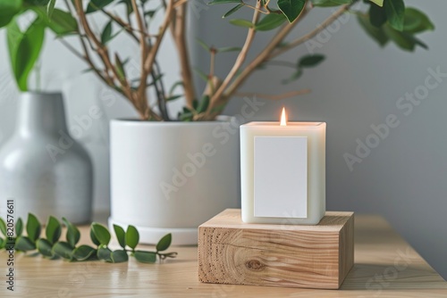 A white blank candle label on the surface of an elegant modern wooden triangle, with a lit scented candle beside it
