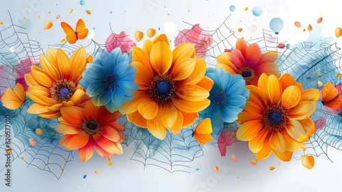 Colorful flower bouquet and butterflies on spider web background modern illustration with  Seize the day  slogan