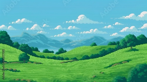 Illustration of a green meadow with mountains in the background.