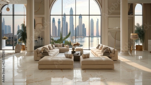 Luxurious penthouse interior with large windows overlooking Dubai's skyline at sunset.