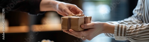 Close-up of hands exchanging a small wrapped gift, creating feelings of giving, receiving, and celebration in a cozy indoor setting.