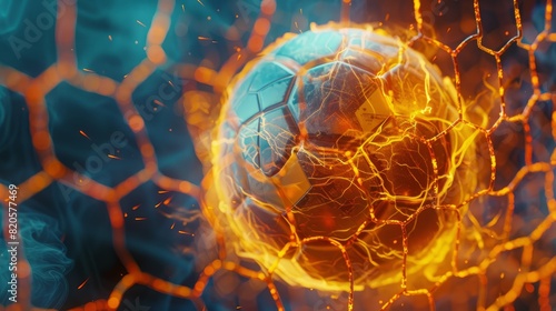 Fiery Soccer Ball In Goal In Flames, neon lines soccer ball light background. Generative AI