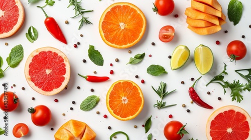 Top view Assortment of bright organic fresh fruits and vegetables on the white wooden table. Healthy eating  diet  detox background