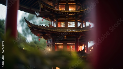 Chinese temple at night, close-up. Chinese ancient architecture.