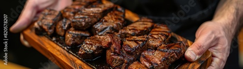 Closeup of hands presenting a serving platter with perfectly grilled steaks, sizzling and juicy, ideal for a business event or corporate gathering