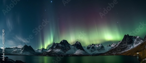 Northern lights in the night sky over the lake. 3d rendering