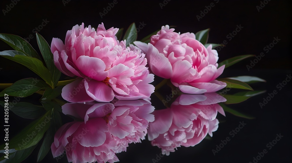 Obraz premium Pink Peony Blossom Reflected on a Sleek Black Mirror
