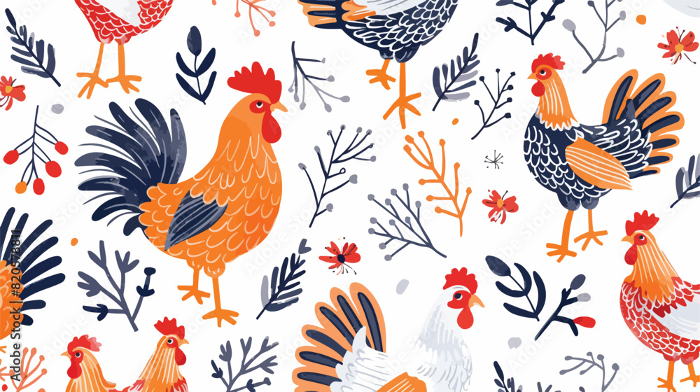Seamless pattern with cute roosters chickens hens and
