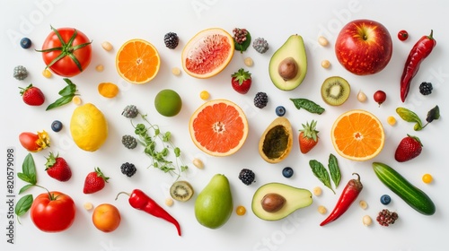 Top view Assortment of bright organic fresh fruits and vegetables on the white wooden table. Healthy eating  diet  detox background