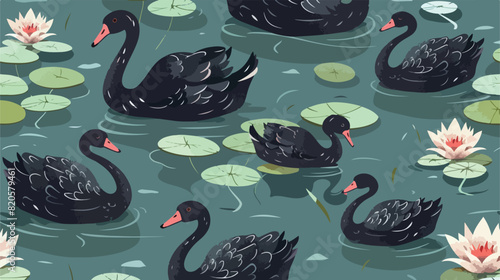 Seamless pattern with flock of black swans and cygnet