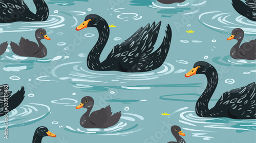 Seamless pattern with flock of black swans and cygnet