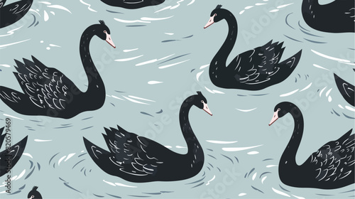 Seamless pattern with flock of black swans and cygnet photo