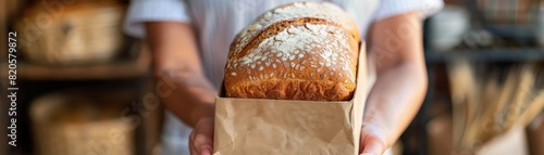 Freshly baked bread in a paper bag being held by a person in a bakery, capturing the essence of artisanal craftsmanship and deliciousness.
