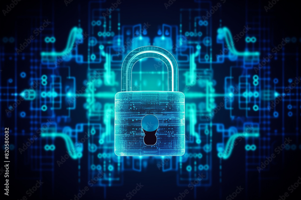 Background image of a technology information security concept with a padlock symbol for security and encrypted data protection. Background image of a technology information security concept with a padlock symbol for security and encrypted data protection.