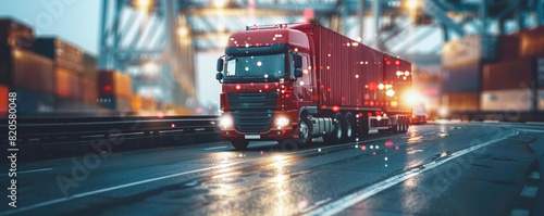 A red semi truck is driving down a wet road. The truck is surrounded by a blurry background of buildings and a bridge. Concept of motion and energy, as the truck is moving through the city © BOW