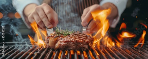 Professional chef s hands placing a steak on a barbecue grill, with flames and smoke rising, capturing the delicious and savory aroma, perfect for promoting a business BBQ event
