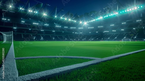 Nighttime soccer match in a brightly lit  vibrant stadium with a pristine green field