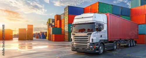 A large white semi truck is driving down a road next to a large stack of red shipping containers