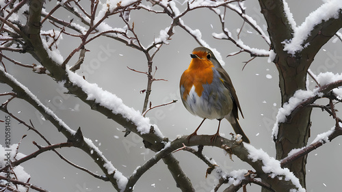 Robin in snowy tree