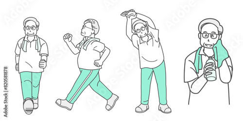 健康のために運動するシニア男性のイラスト（セット）