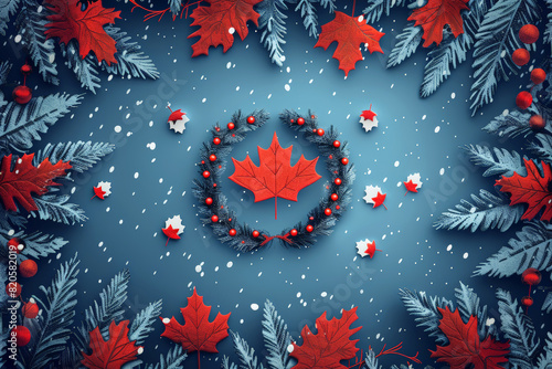 Holiday wreath with red maple leaf and berries, set against a snowy background. Canada Day. photo