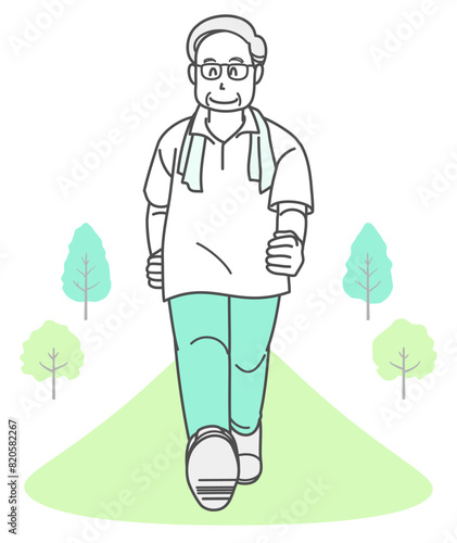 ウォーキングをするシニア男性のイラスト（半袖）