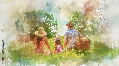 A family picnic watercolor picture in the meadow. © EMRAN