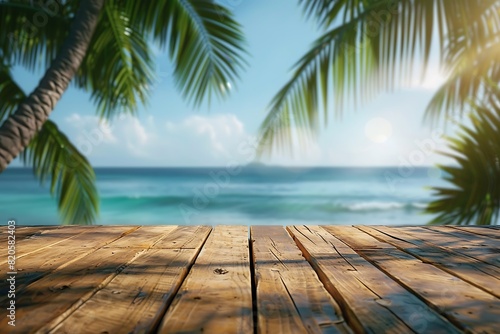 Top of wood table with seascape and palm leaves, blur bokeh light of calm sea and sky at tropical beach background. Empty ready for your product display montage. summer vacation background