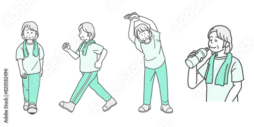健康のために運動するシニア女性のイラスト（セット）