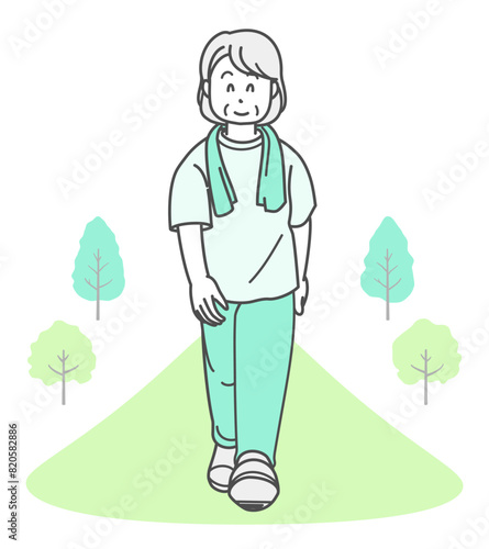 ウォーキングをするシニア女性のイラスト（半袖）