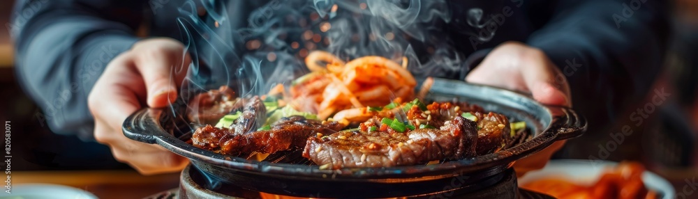 Closeup of hands holding a sizzling plate of Korean BBQ, featuring grilled meat and vibrant kimchi, perfect for a business lunch