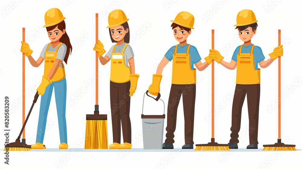 Team of janitors with floor mops on white background -
