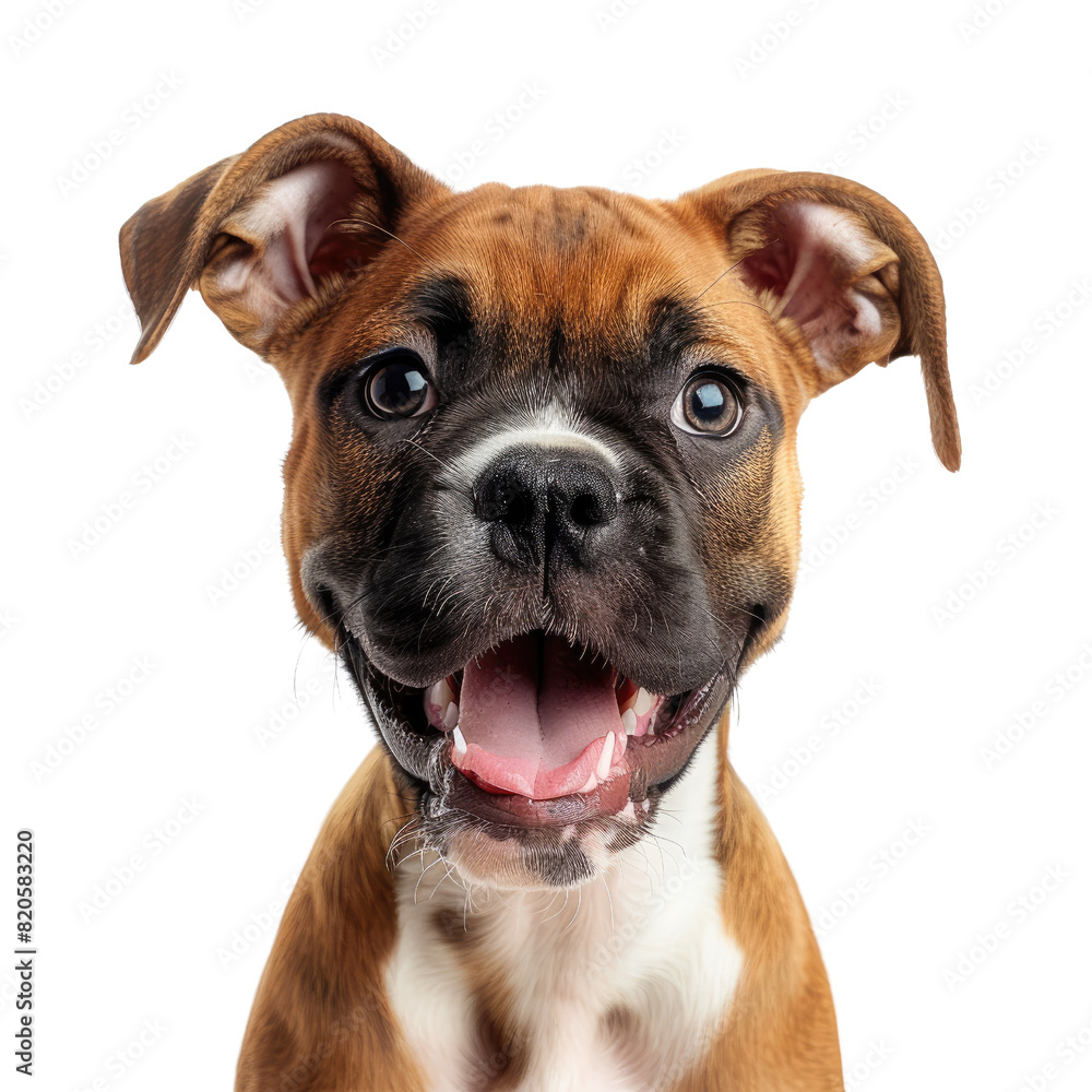 Adorable brown and white puppy with happy expression, on a Transparent background