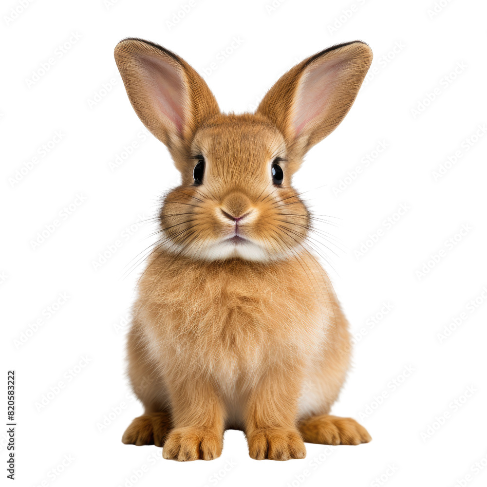 Adorable brown rabbit with large ears sitting and looking forward. on a Transparent background