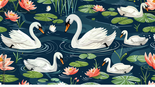Seamless pattern with white swans and brood of cygnet