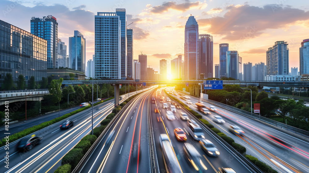 Light flow of traffic on a evening highway in a city with modern high buildings Light flow of traffic on a evening highway in a city with modern high buildings