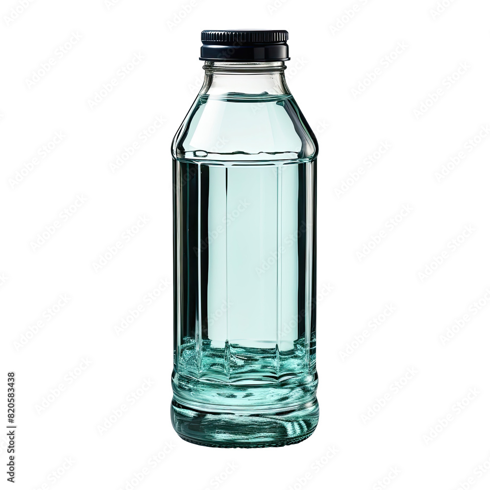 A clear glass bottle featuring a sleek black cap. on a Transparent background A clear glass bottle featuring a sleek black cap. on a Transparent background