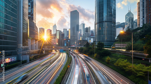 Light flow of traffic on a evening highway in a city with modern high buildings photo