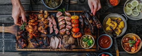 Flat lay of a barbecue platter with an assortment of grilled meats, hands reaching in to serve, highlighting the variety and appeal for a business function photo