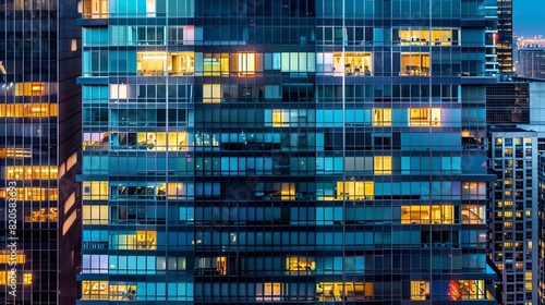 A modern skyscraper at night, windows illuminated in patterns, creates a vivid tapestry against the dark sky.