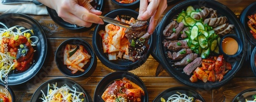 Flat lay of a Korean BBQ dish, hands reaching in to grab, highlighting the vibrant and authentic choice for business professionals photo