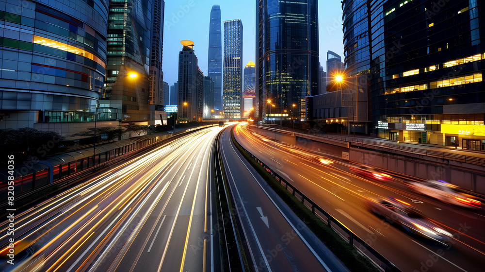 Light flow of traffic on a evening highway in a city with modern high buildings