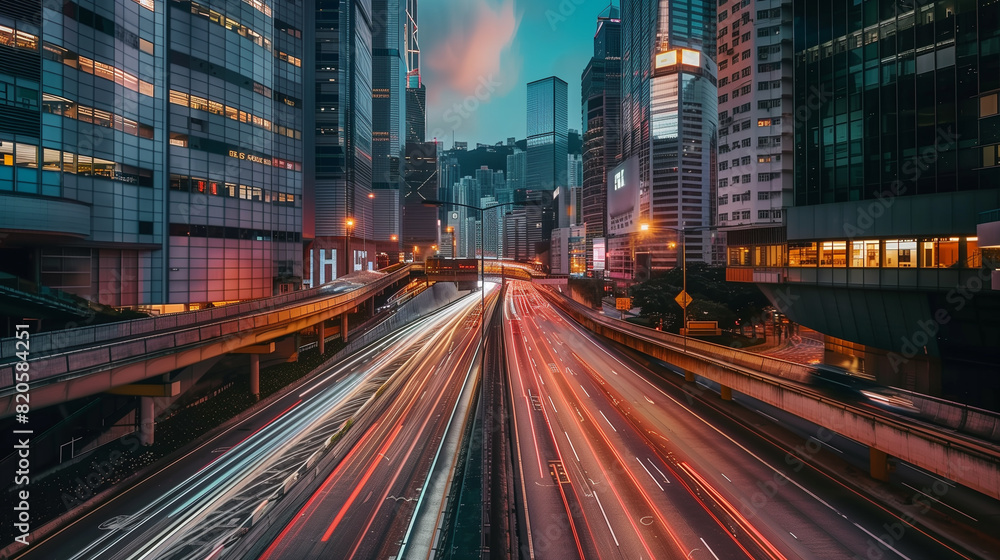 Light flow of traffic on a evening highway in a city with modern high buildings Light flow of traffic on a evening highway in a city with modern high buildings