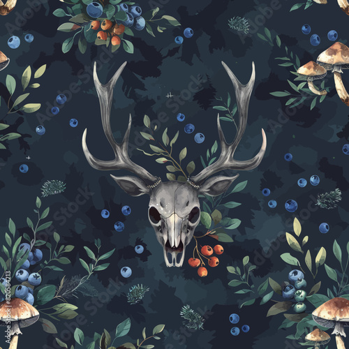 a painting of a deer skull surrounded by blueberries and mushrooms