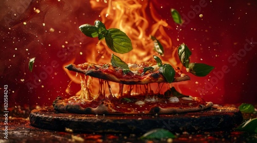 A pizza sits on a table. The pizza is surrounded by flames. Basil leaves are flying through the air. The pizza looks delicious.