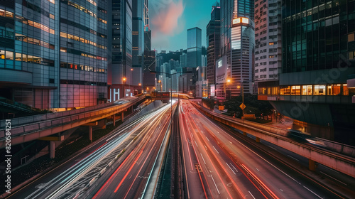 Light flow of traffic on a evening highway in a city with modern high buildings