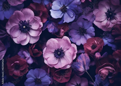 purple flowers are arranged in a close up image  cross processing  allover composition  color splash  dark pink and light indigo  organic  fairytale.