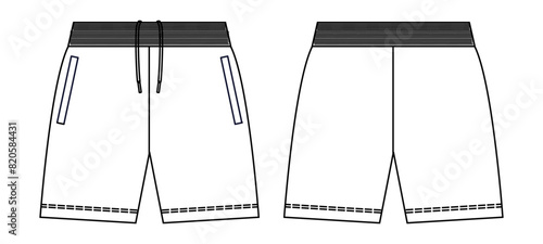 Men's Swim shorts front and back view flat sketch fashion illustration, running Jogger short drawing vector Isolated.