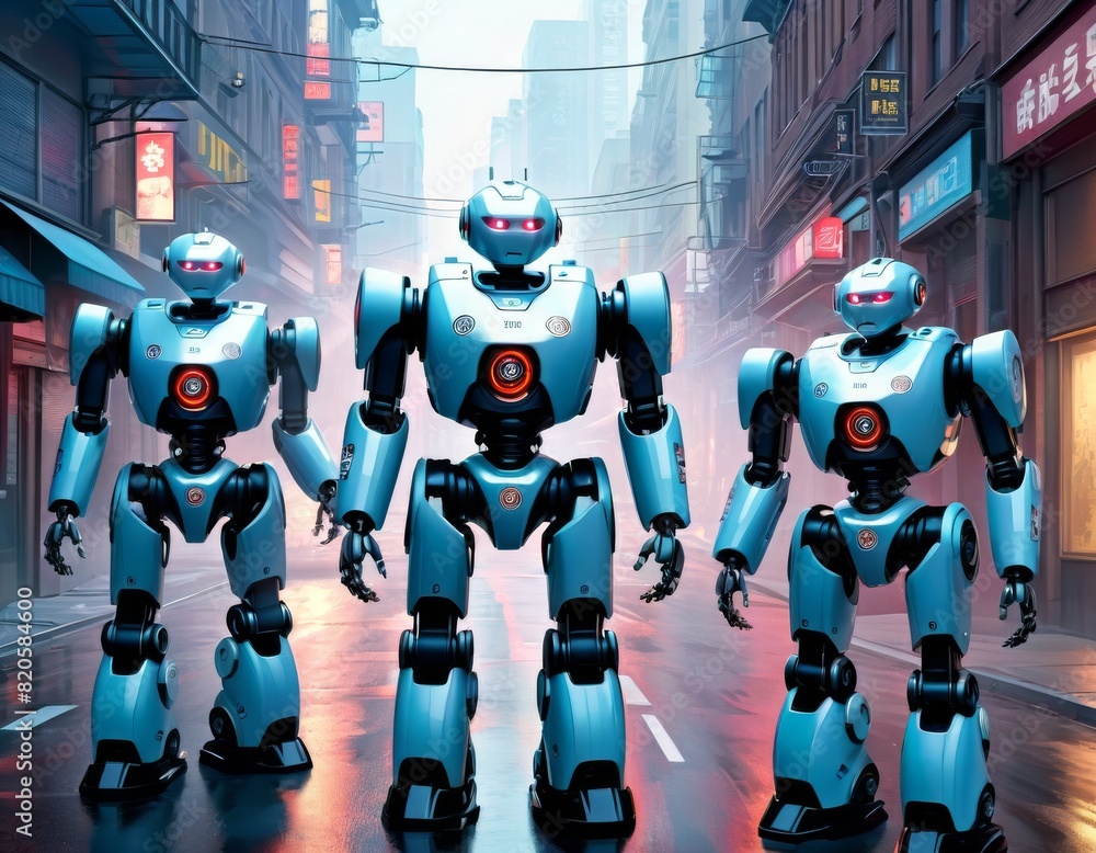 A trio of blue and white humanoid robots marching in unison down an atmospheric, mist-filled street with Asian script on storefronts.. AI Generation A trio of blue and white humanoid robots marching in unison down an atmospheric, mist-filled street with Asian script on storefronts.. AI Generation