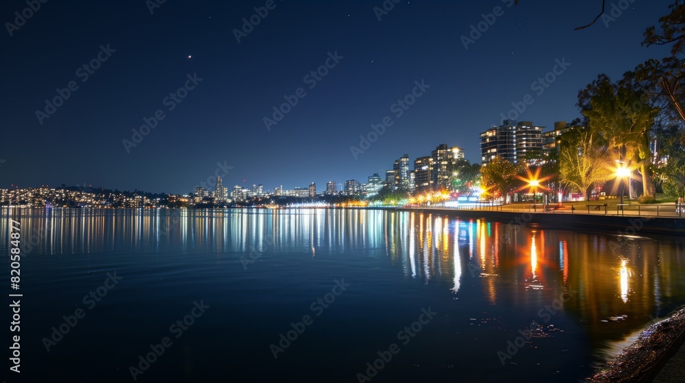 A serene night city riverbank, lights shimmering on calm waters, creating a tranquil, picturesque scene. A serene night city riverbank, lights shimmering on calm waters, creating a tranquil, picturesque scene.
